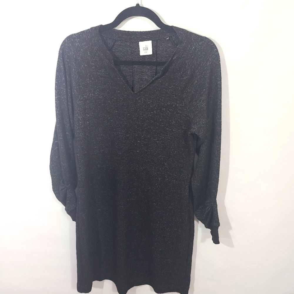 Cabi Women's Size XS Black Sweater Dress with V-Neck and Ruched Longe on Sleeve‎